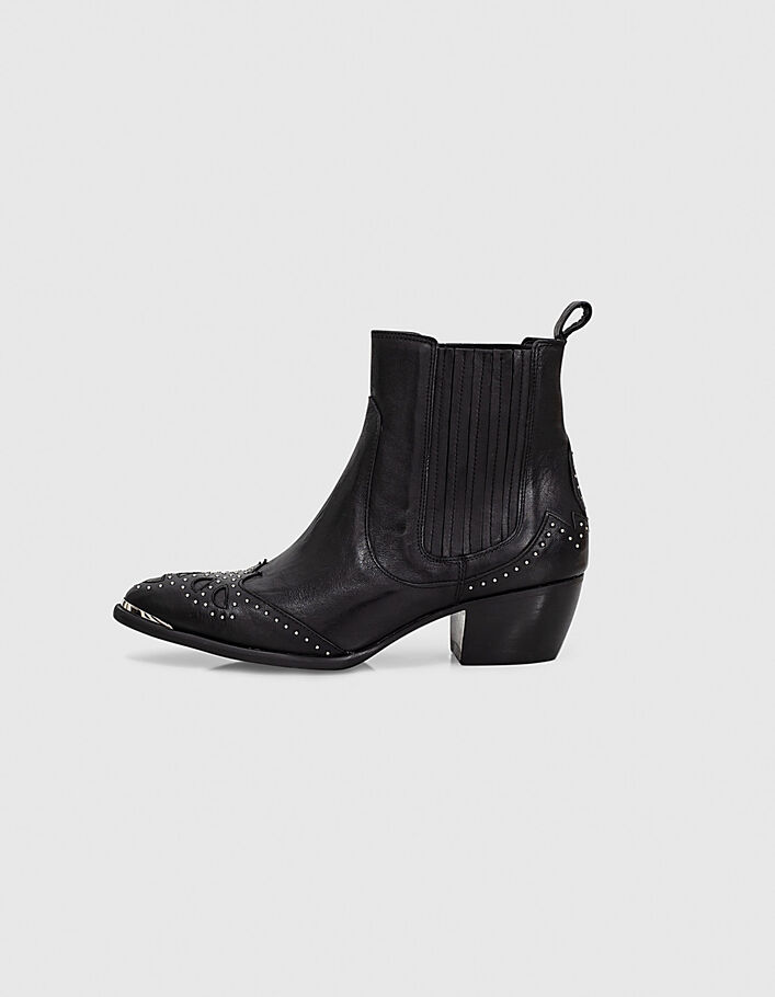 Boots en cuir noir studs esprit santiag Femme - IKKS