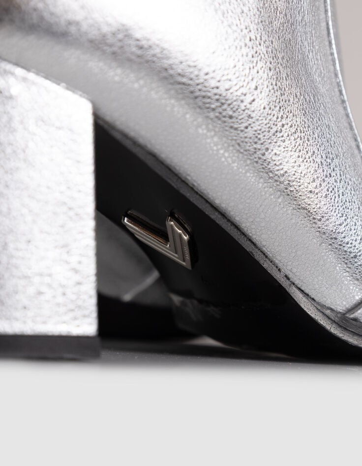 Women's silver leather zipped heeled boots-4