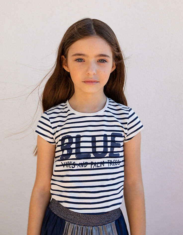 Tee-shirt marinière blanc cassé rayé à message fille-1