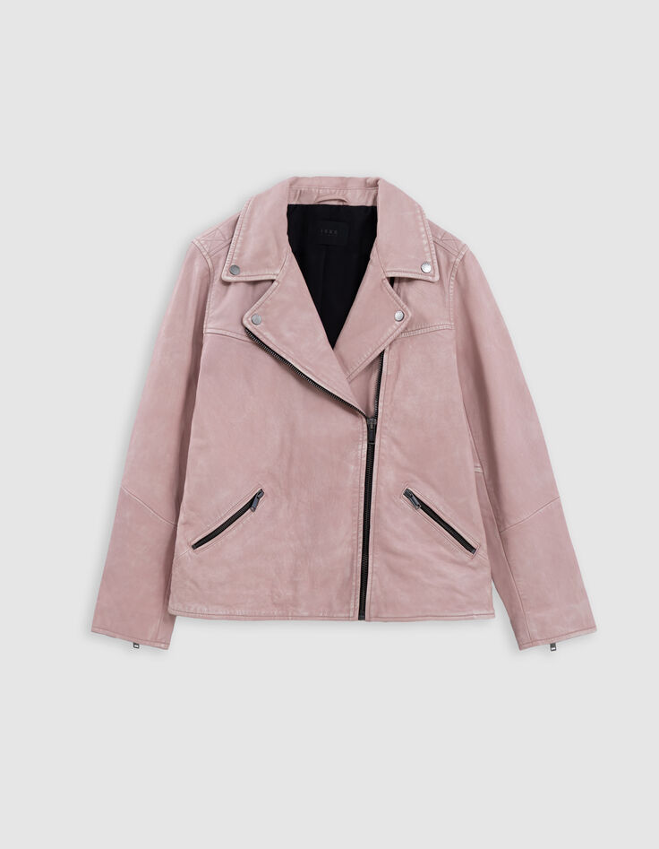 Cazadora biker de piel lavada rosa para mujer-6