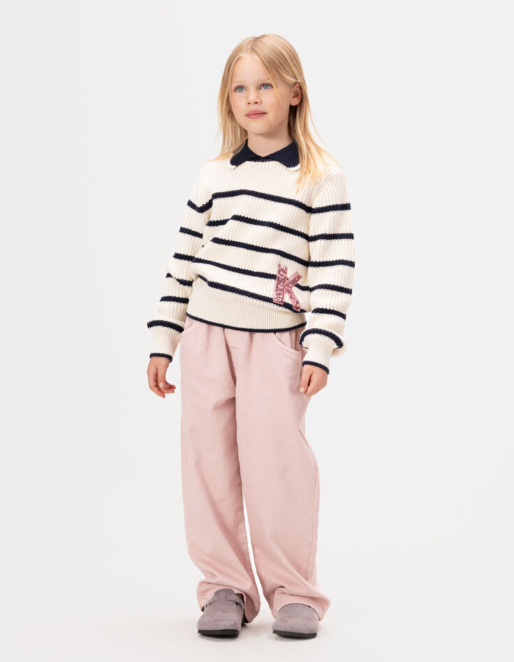 Pull écru tricot col marine lettre sequins fille-1