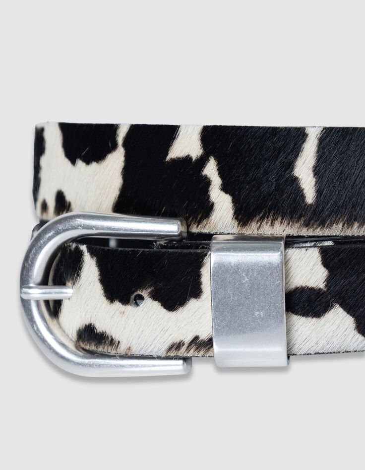 Cintur&oacute;n de mujer de piel color crudo con efecto potro y estampado de vaca-2
