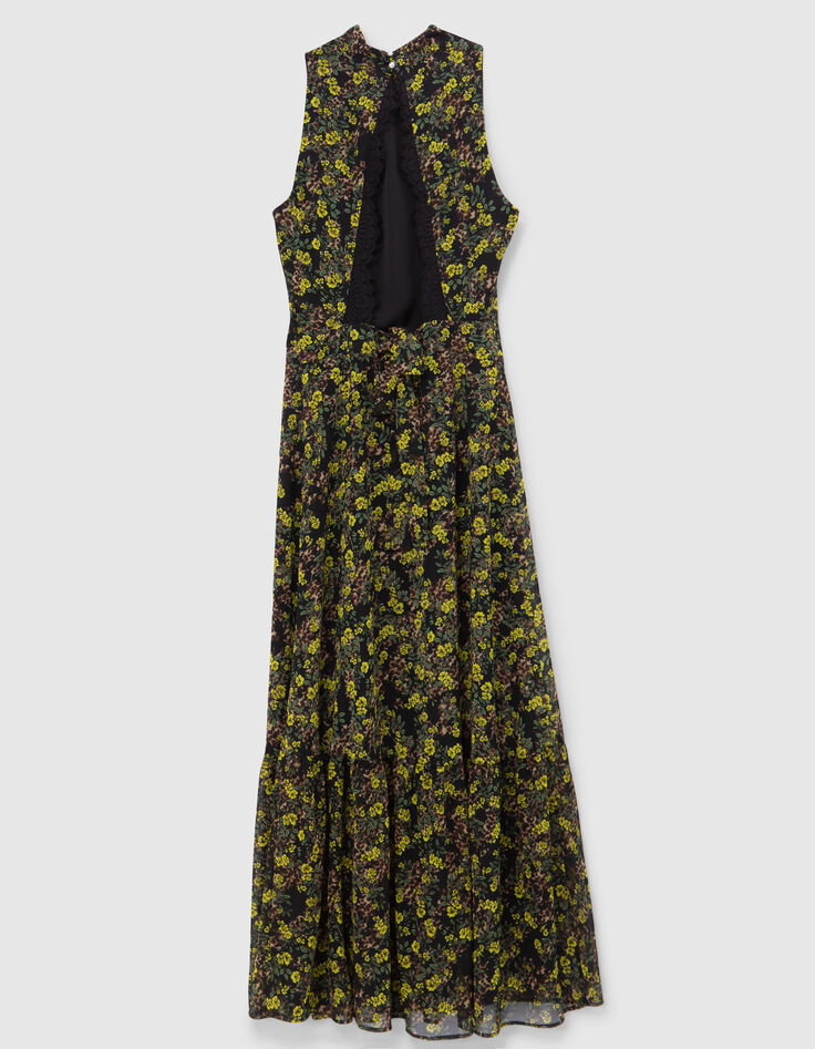 Robe longue noire recycl&eacute;e imprim&eacute; l&eacute;o floral Femme-7