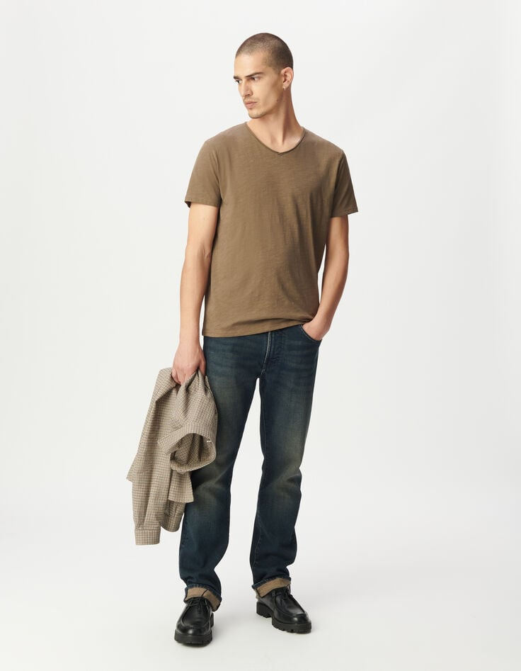 Beiges Herren-T-Shirt V-Ausschnitt geflammte Biobaumwolle-1 Beiges Herren-T-Shirt V-Ausschnitt geflammte Biobaumwolle-1