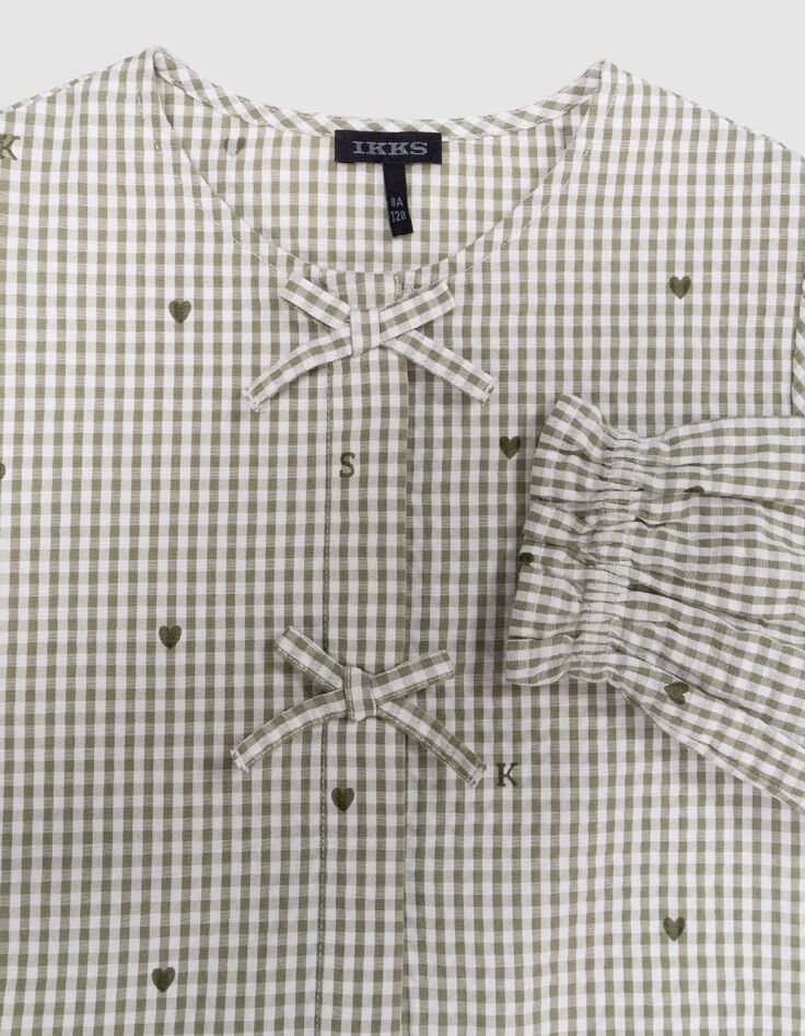 Blusa caqui con corazones flocados y lazos para ni&ntilde;a-2