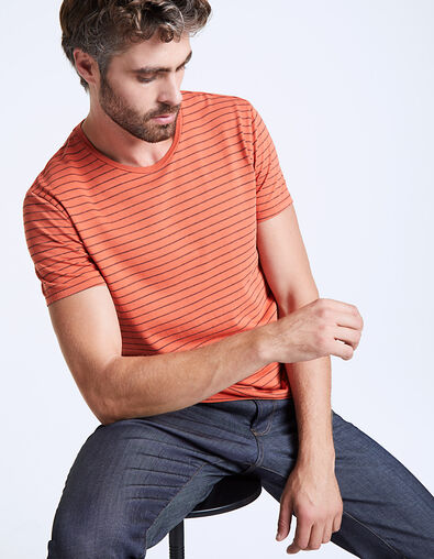 Men's bright orange, striped, jacquard T-shirt - IKKS