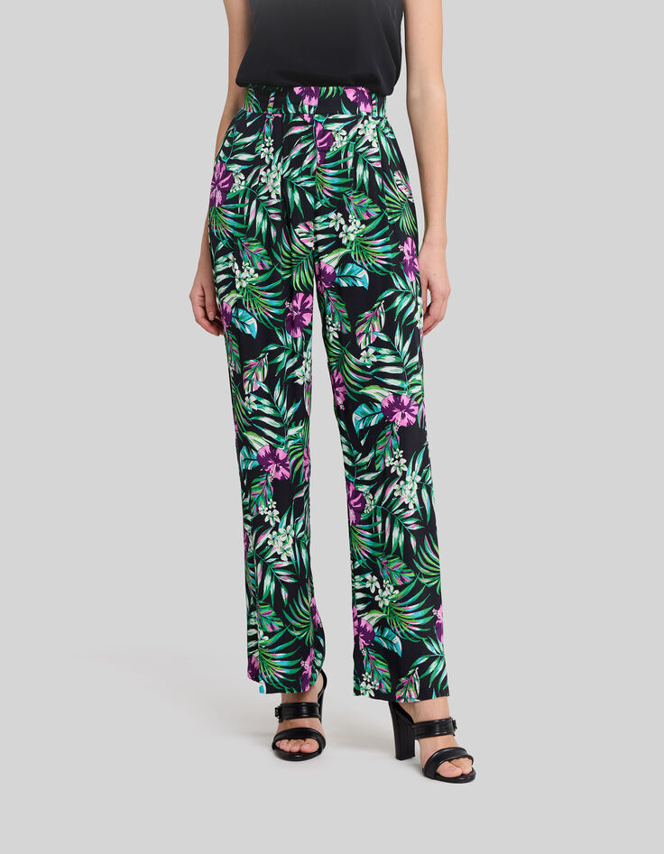 Weite, schwarze Damenhose mit tropischem Print-2