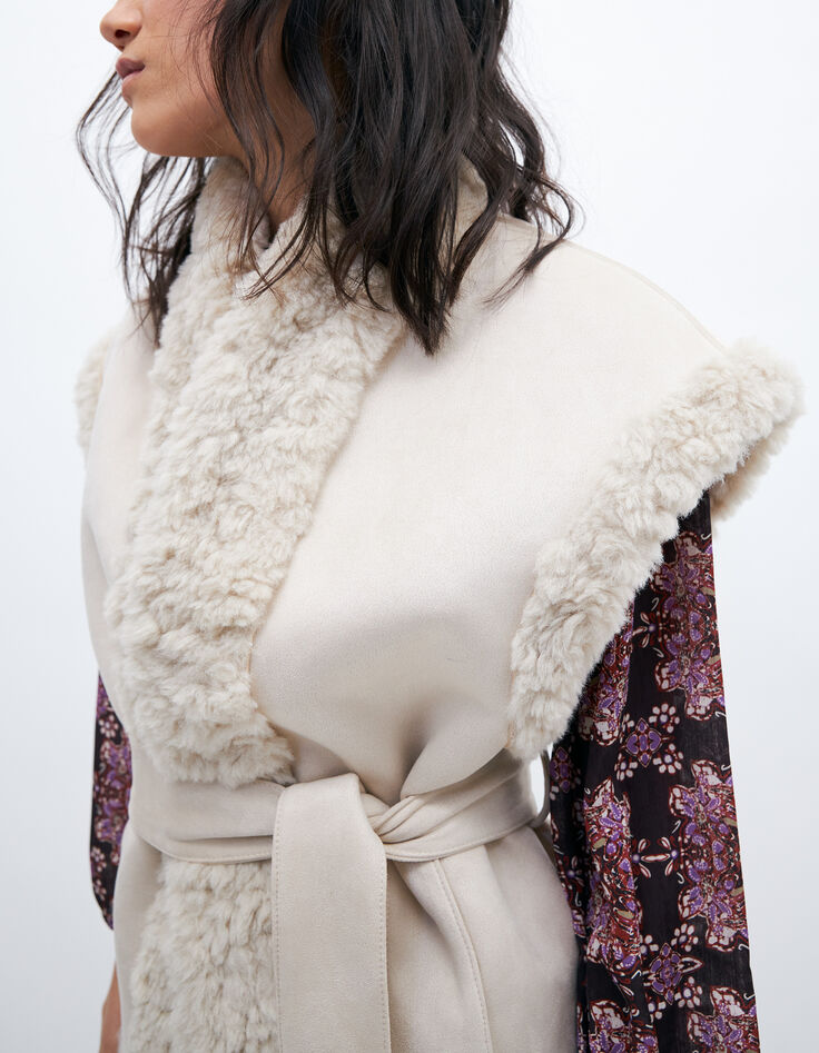 Gilet beige en fausse peau retournée avec ceinture amovible femme-7