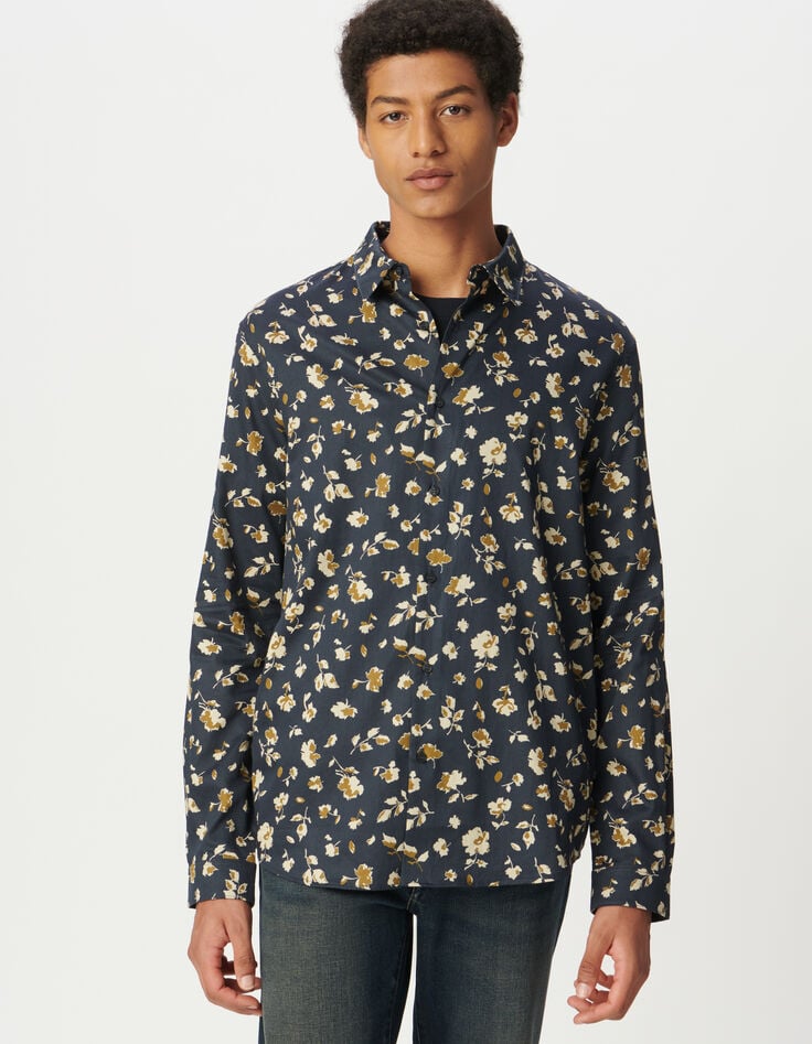 Marineblaues SLIM-Herrenhemd beiger Blumenprint-2 Marineblaues SLIM-Herrenhemd beiger Blumenprint-2