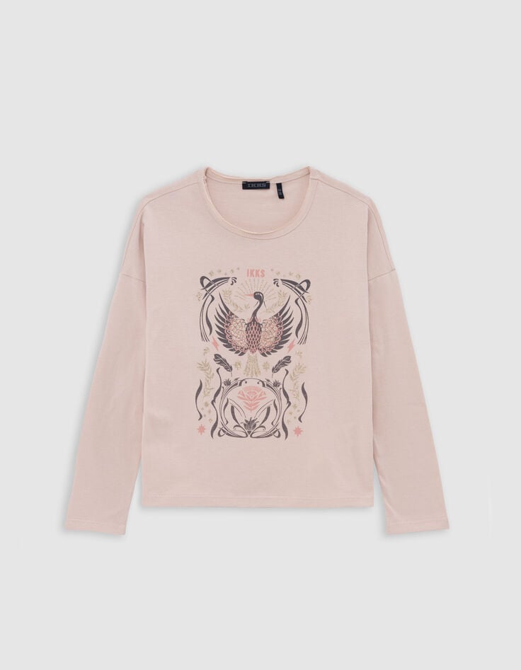 Camiseta de niña pájaro rosa con detalles dorados-1