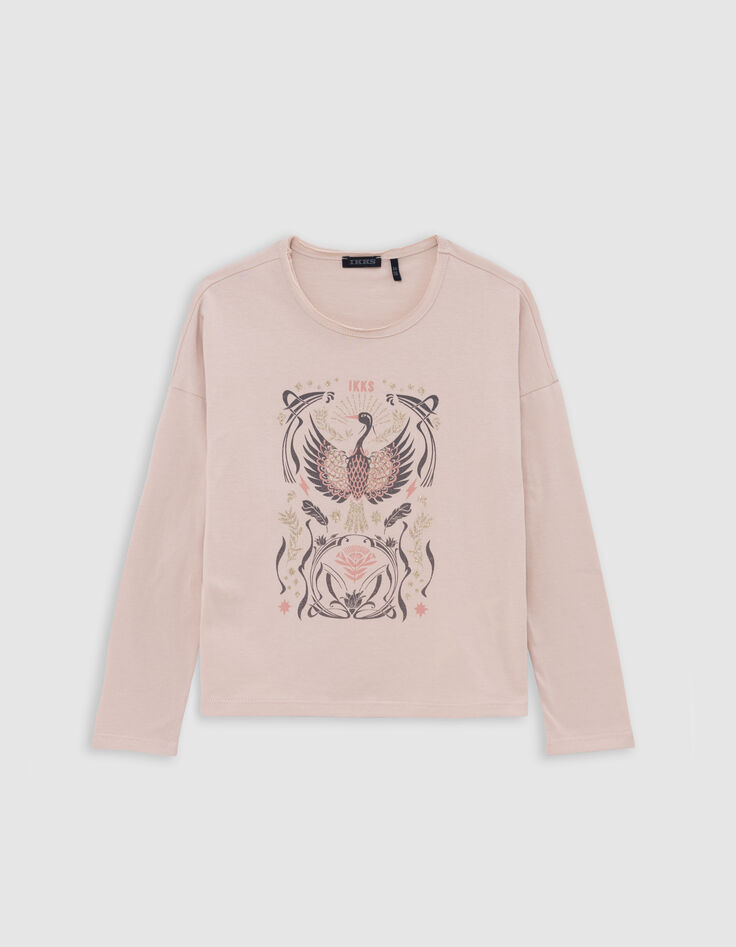 Camiseta de niña pájaro rosa con detalles dorados-1 Camiseta de niña pájaro rosa con detalles dorados-1