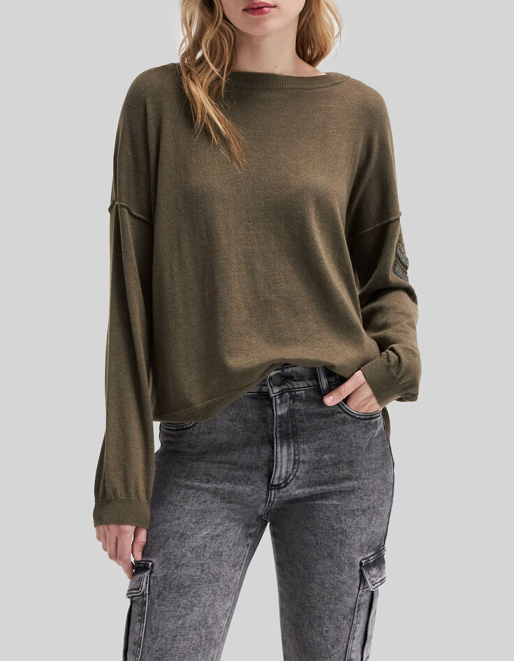 Women’s khaki boat neck sweater with stitch/chain chevron-6