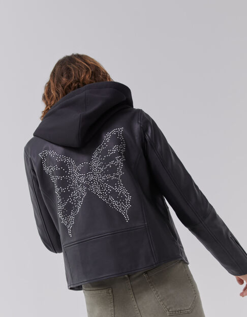 Zwarte leren jas studs rug afneembaar beleg Dames