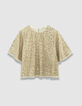 Beige top geborduurde gouden lovertjes vlindermouwen Dames-7