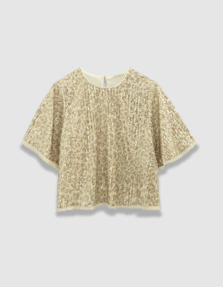Beige top geborduurde gouden lovertjes vlindermouwen Dames-7