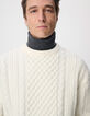 Men's White Crew-Neck Sweater with Cable Knit Pattern-4