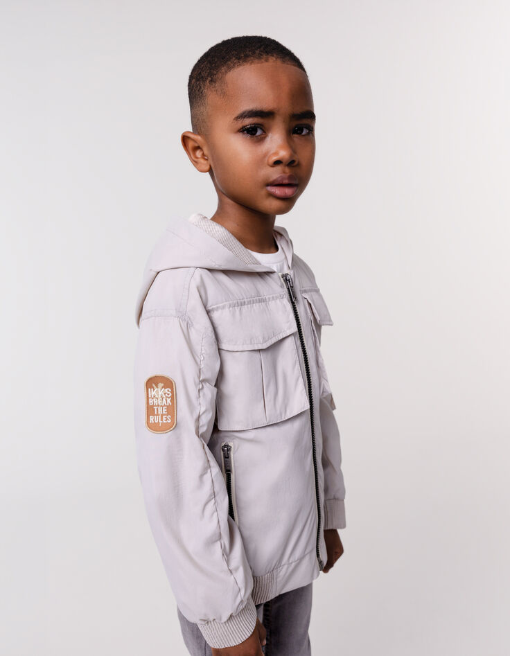 Blouson gris à capuche multipoches nylon garçon-1