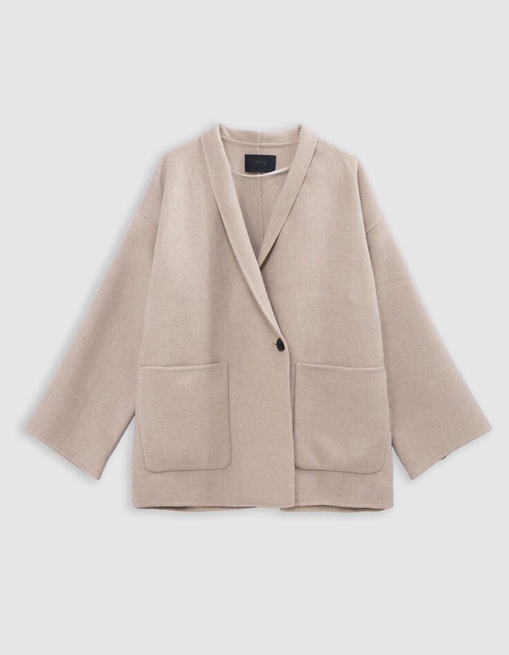 Damen ecrufarbener Mantel mit doppeltem Fransenschal-3