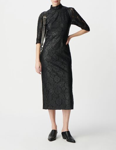 Robe midi noire dentelle effet enduit Femme - IKKS
