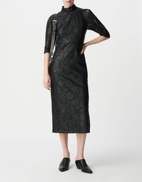 Robe midi noire dentelle effet enduit Femme - IKKS