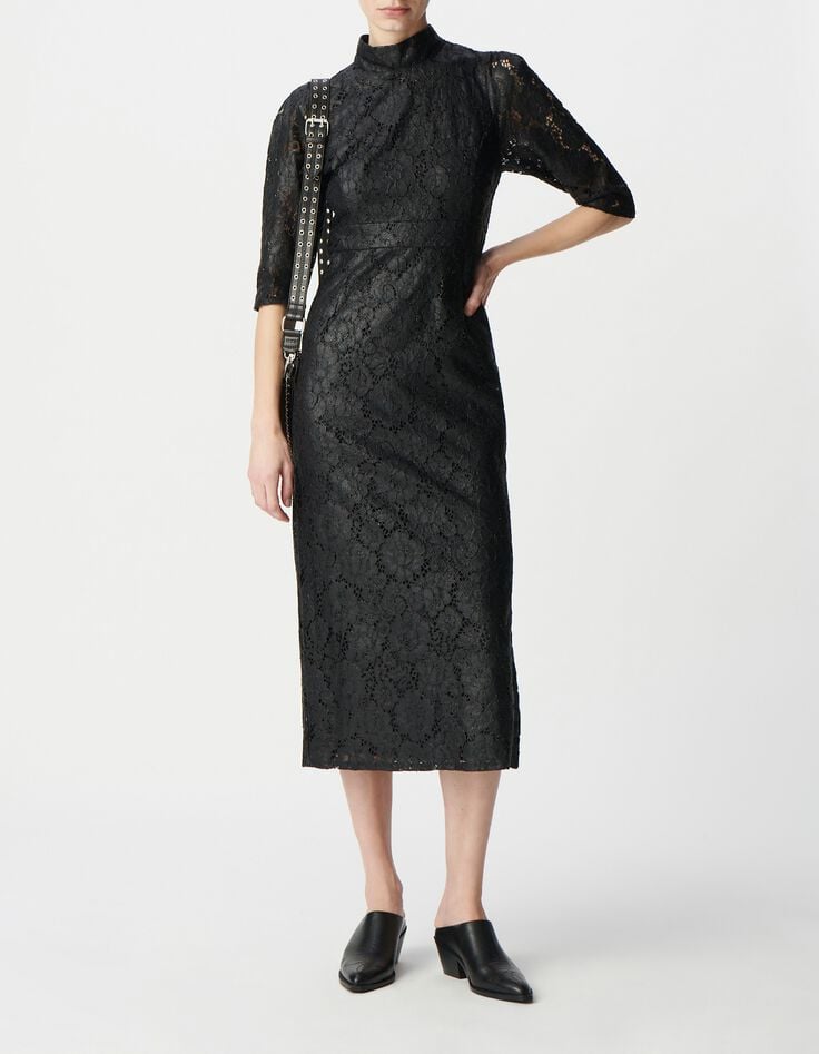 Robe midi noire dentelle effet enduit Femme-1