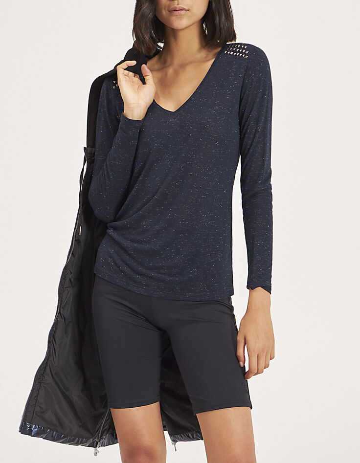 Women’s navy studded lurex and jersey T-shirt-1