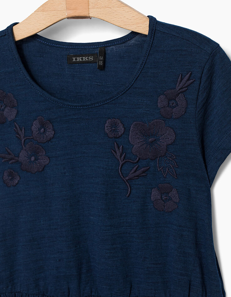 Tee-shirt indigo brodé fleurs à smocks fille-3 Tee-shirt indigo brodé fleurs à smocks fille-3