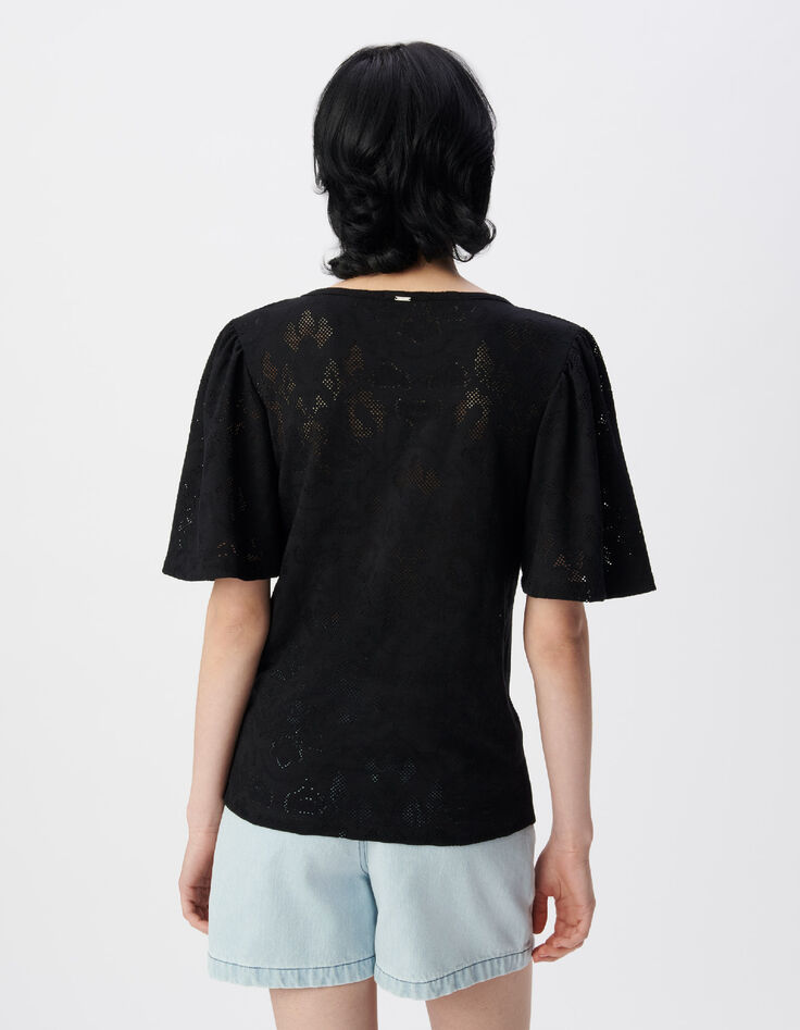 Tee-shirt manches courtes noir ajour&eacute; Femme-3