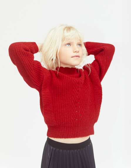Girls’ light red knit sweater with ruffles