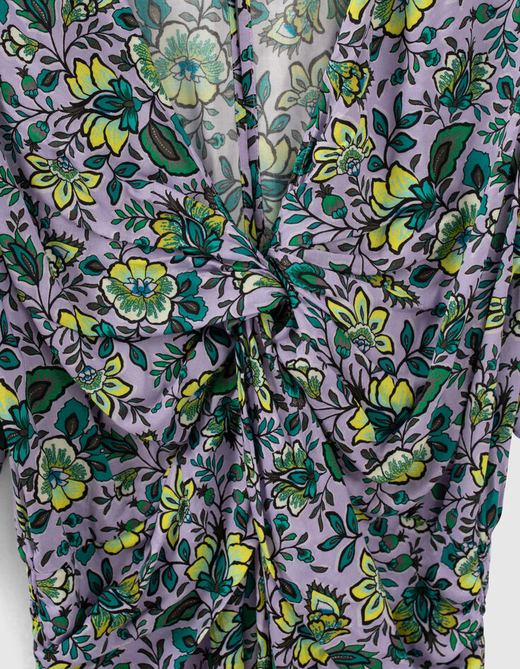 Lila Damenkleid, Drapé-Effekt, Maxi-Blumenprint-6