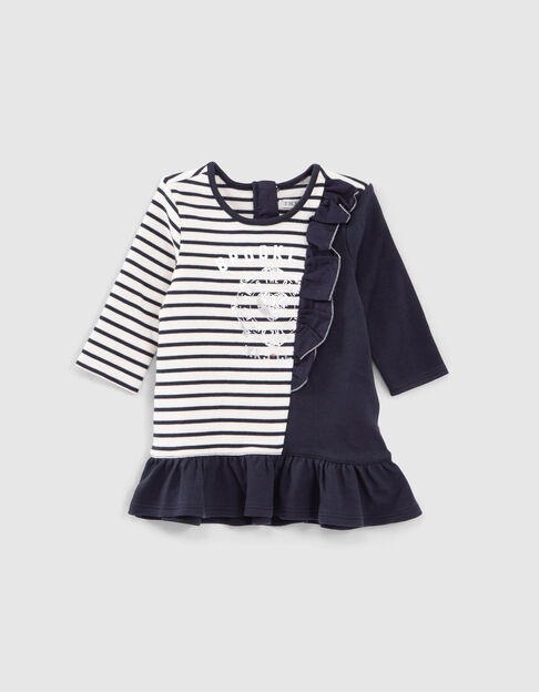 Baby girls’ sailor-stripe dress with print and side ruffle