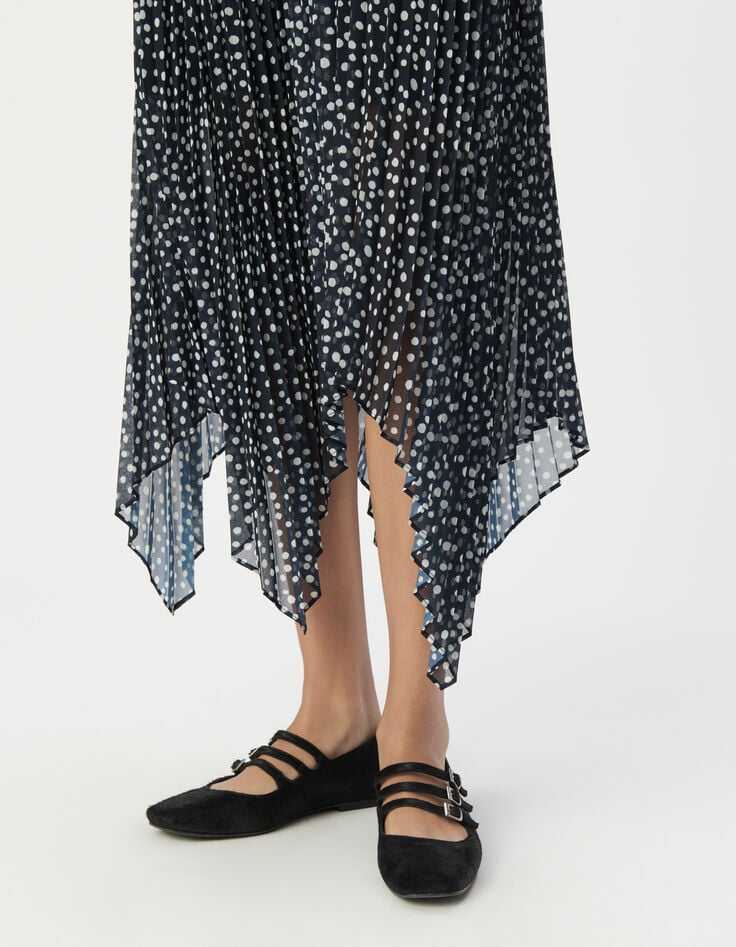 Falda larga azul marino plisada lunares mujer-4