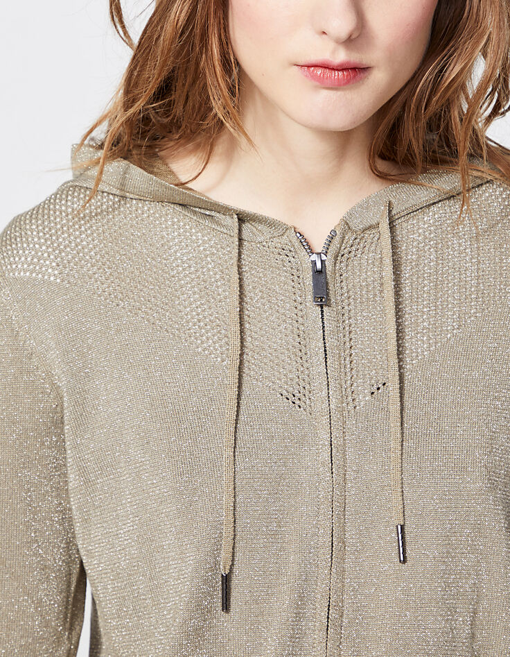 Cardigan zippé métallisé à capuche points résille femme-4 Cardigan zippé métallisé à capuche points résille femme-4