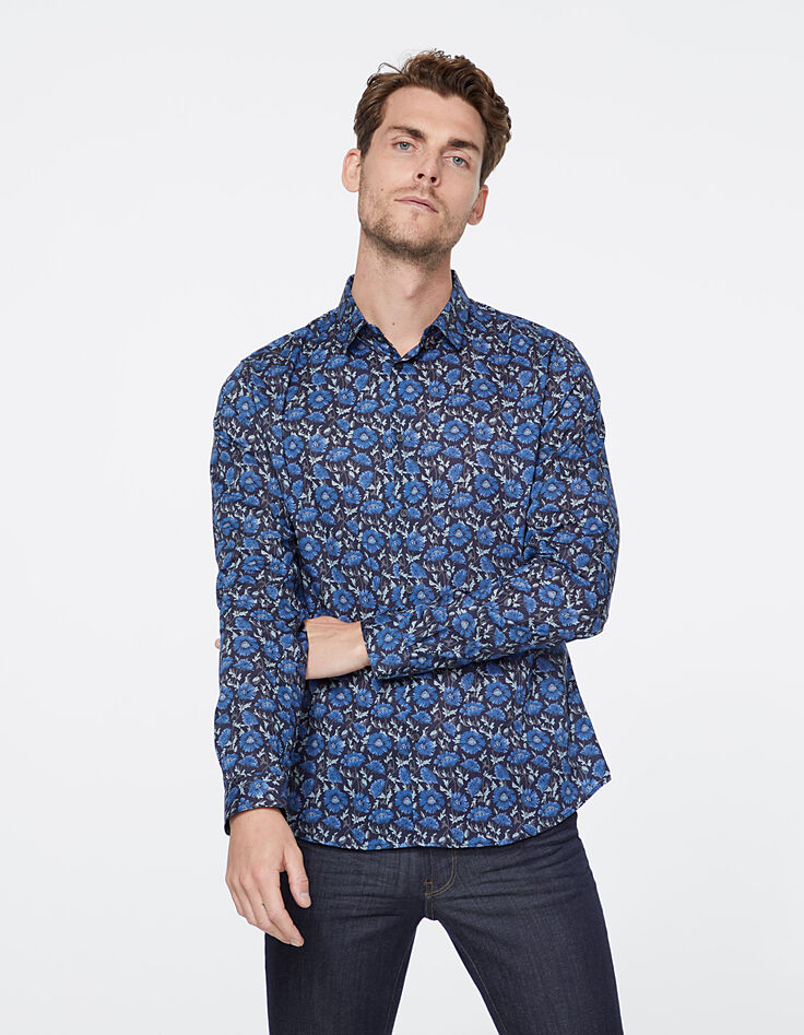 Camisa SLIM azul oscuro tela Liberty con motivo floral Hombre-3