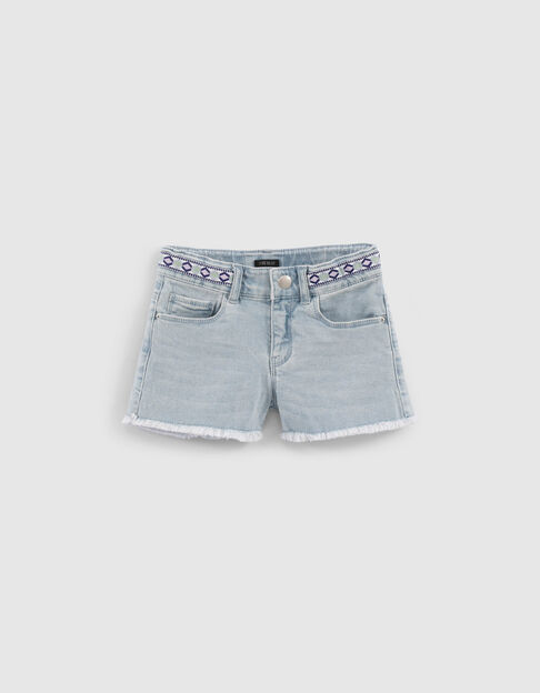 Girls’ faded blue embroidered organic cotton denim shorts - IKKS