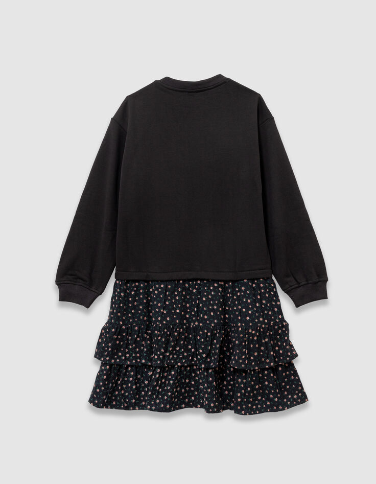 Girls’ black mixed fabric sweatshirt dress, flower print-4 Girls’ black mixed fabric sweatshirt dress, flower print-4