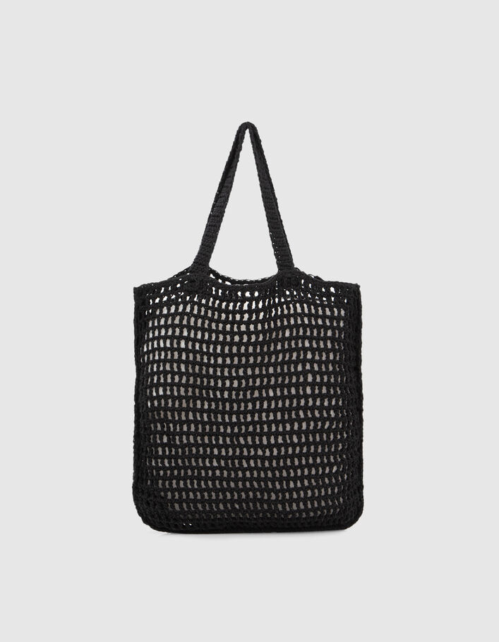 Women’s black crochet tote bag with embroidered slogan - IKKS
