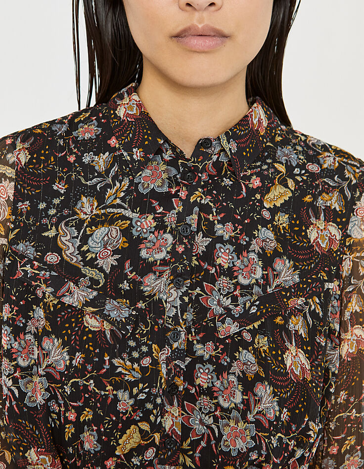 Voile babydoll-jurk metallic bloemenprint op zwart-4