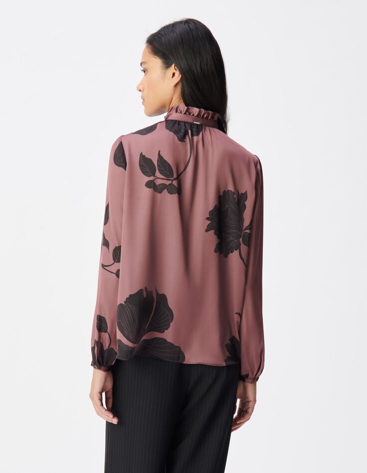 Damesbordeauxrood shirt met bloemenprint en maxi ruches-3