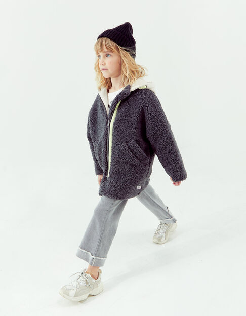 Girls’ grey Sherpa coat with mixed fabric hood