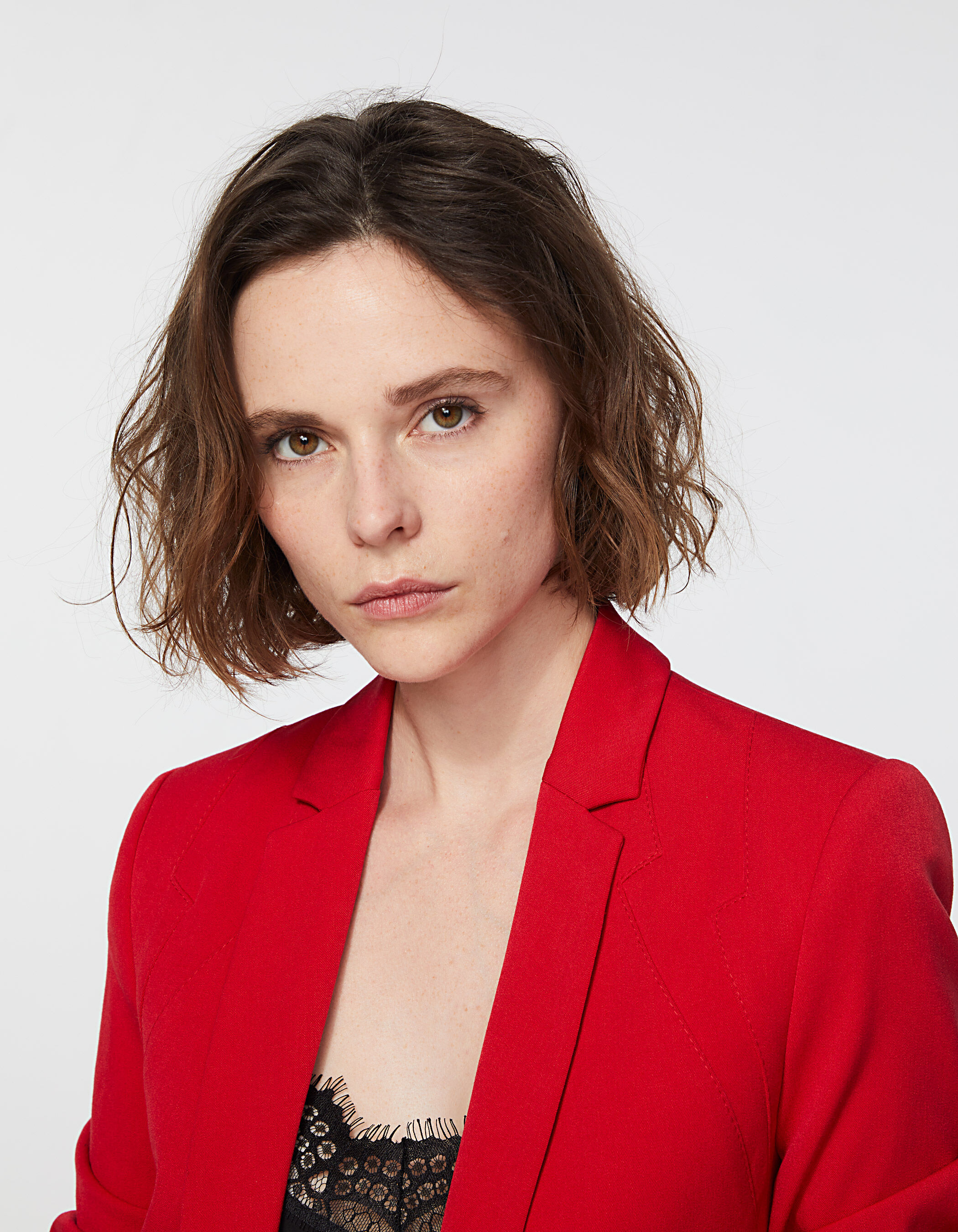 Veste tailleur rouge twill bistretch details eclairs femme IKKS
