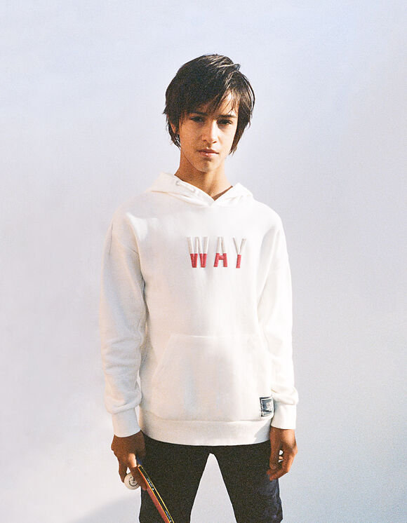 Boys' off-white hoodie with 2-tone embroidered hood