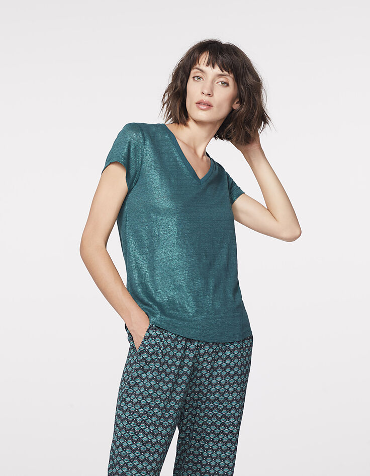 Camiseta cuello de pico azul de lino foil mujer-2