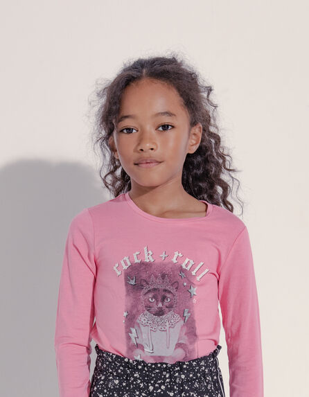 T-shirt rose vif visuel chat-princesse fille