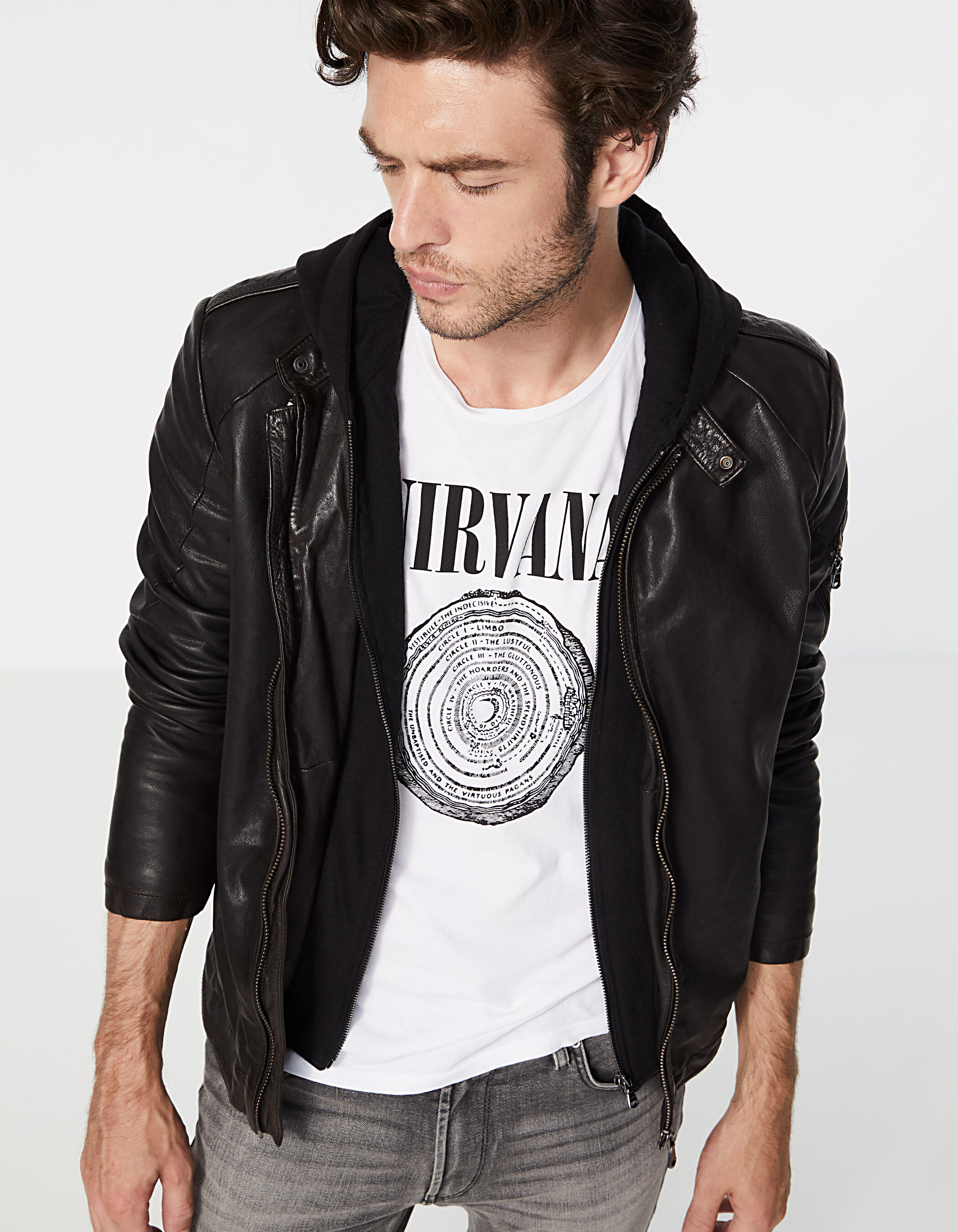 Men s black leather sweatshirt fabric hooded jacket