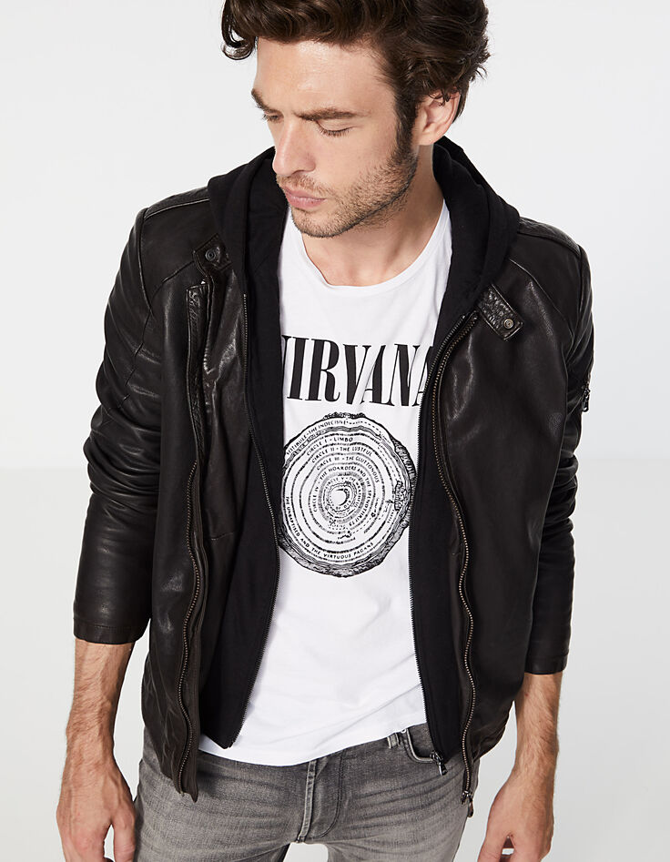 Men’s black leather sweatshirt fabric hooded jacket-2