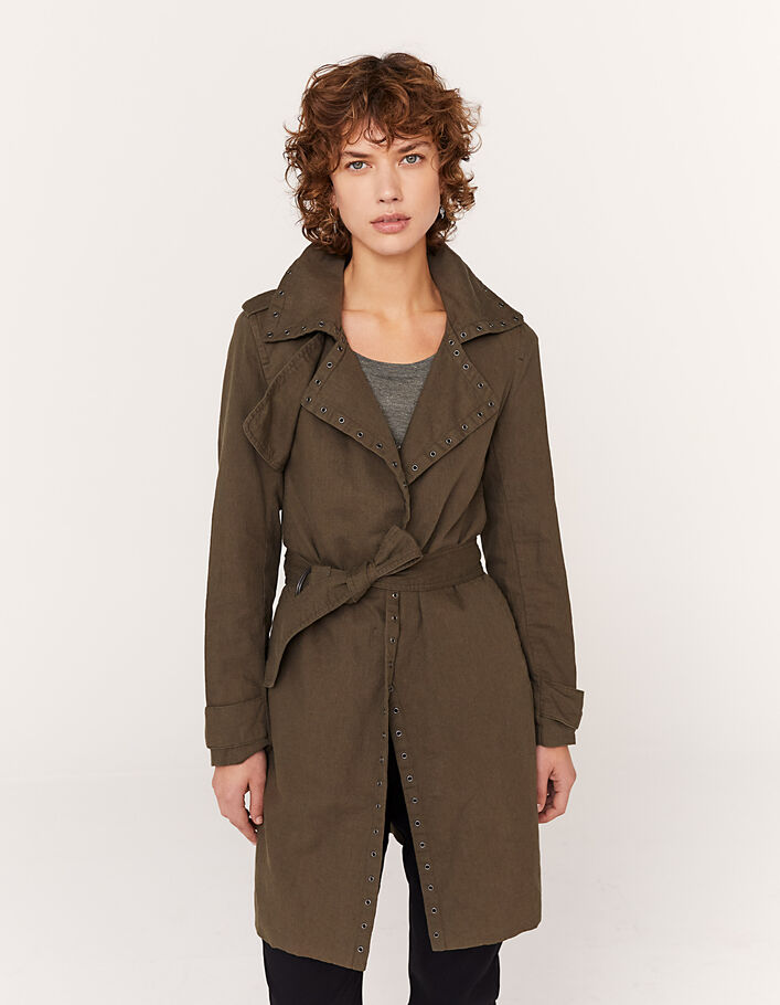 Langer, khaki Damentrenchcoat aus Leinen mit Ösen-1