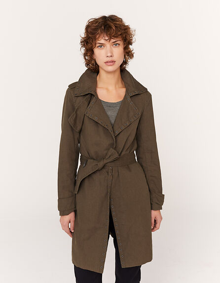 Women’s khaki linen long trench coat with eyelet details