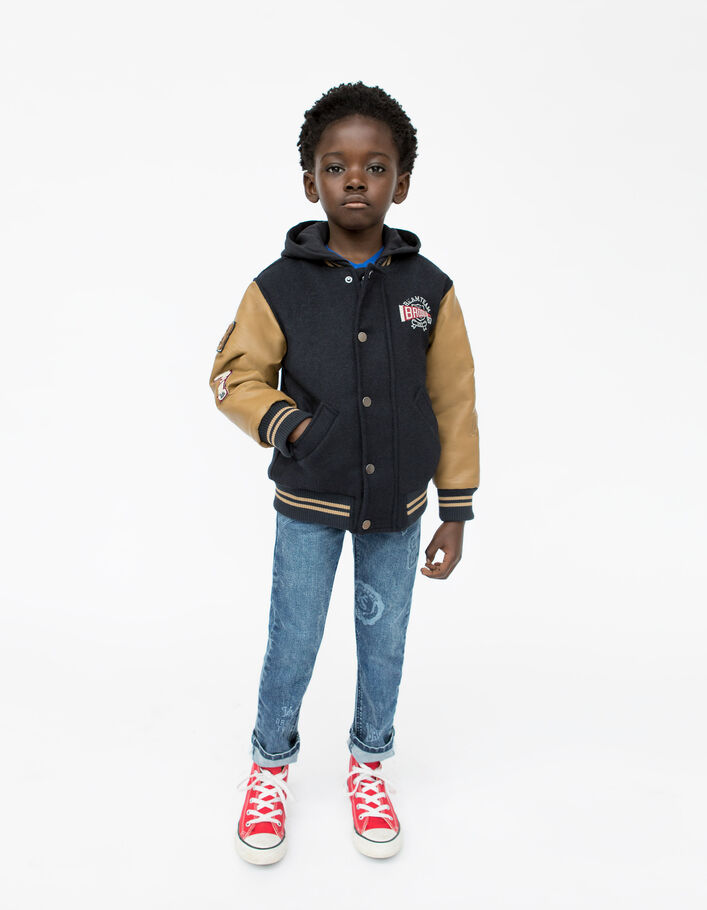 Teddy marine bi matière broderies et capuche garçon-1