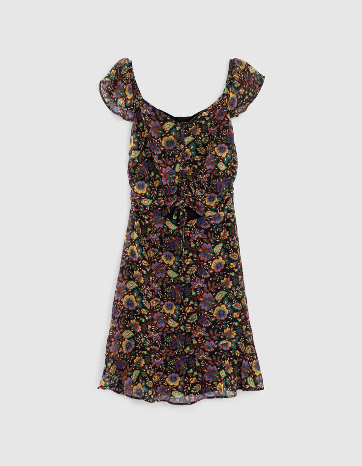 Robe noire épaules élastiquées imprimé maxi fleurs Femme-4